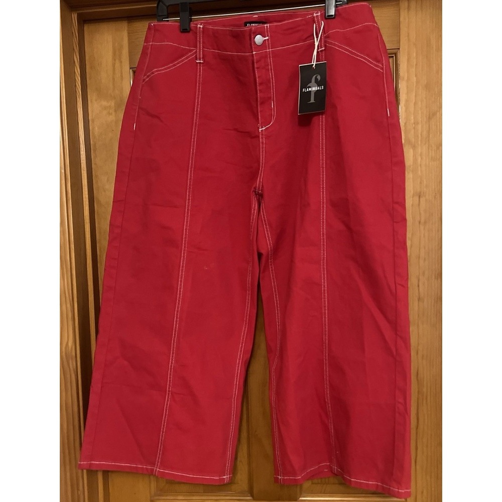 Flamingals Women's Contrast Stitch High Rise Wide Leg Pants Sz 2XL Red